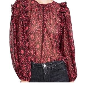 Ulla Johnson Medine Ruffle 100% Silk Blouse. Fuchsia and Black Floral print.